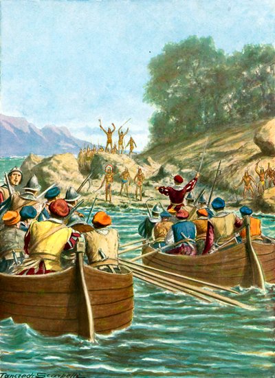 Die Expedition von Vincente Yanez Pinzon, die der Feindseligkeit der Eingeborenen der Neuen Welt gegenübersteht von Tancredi Scarpelli