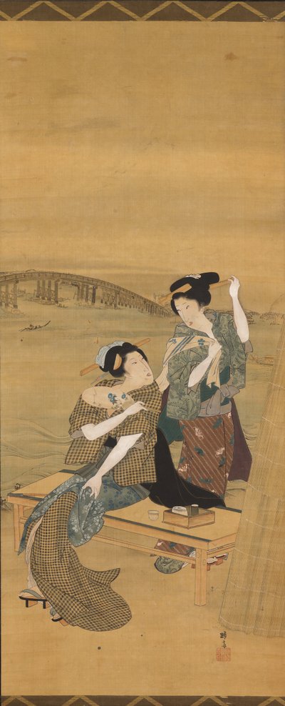 Zwei schöne Frauen machen Pause in einem Teeladen mit Blick auf die Azuma-Brücke von Teisai Hokuba
