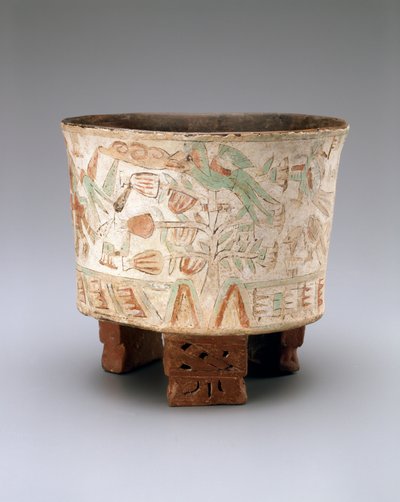 Dreifußvase mit zwei Blasrohrschützen und Quetzalvögeln in Kakaobäumen, Spät-Xolalpan, 550-650 von Teotihuacan Teotihuacan