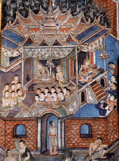 Detail der Wandmalereien von Viharn Laikam, die die Sang Thong Geschichten darstellen von Thai School