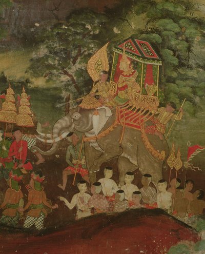 König Sanjaya auf einem Elefanten, Wat Suwannaram, Dhonburi, 1831 von Thai School