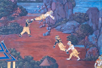 Wandgemälde mit Szenen aus dem Ramayana im Wat Phra Kaeo, Königspalast, Bangkok, Thailand von Thai School