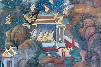 Wandgemälde mit Szenen aus dem Ramayana im Wat Phra Kaeo, Königspalast, Bangkok, Thailand von Thai School