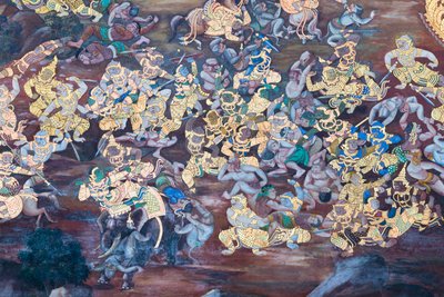 Wandgemälde mit Szenen aus dem Ramayana im Wat Phra Kaeo, dem Königlichen Großen Palast, Bangkok, Thailand von Thai School