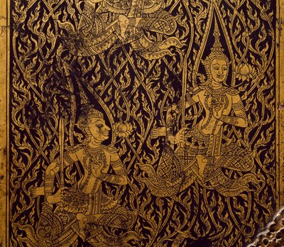 Kleiderschrank für Sutra, geschnitztes und lackiertes Holz, aus Bangkok, Thailand, Detail, thailändische Zivilisation, frühes 19. Jahrhundert von Thai School