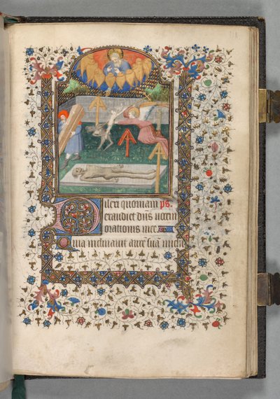 Stundenbuch (Gebrauch von Paris): Fol. 118r, Engel und Teufel kämpfen um eine Seele von The Bedford Master