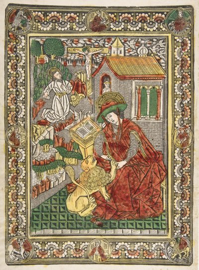 Der heilige Hieronymus in Buße und als Gelehrter, der einen Dorn aus der Pfote eines Löwen entfernt, ca. 1470-85 von The Master of the Mountainlike Clouds