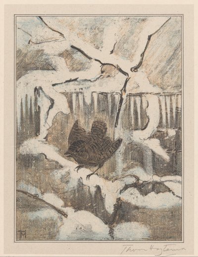 Zaunkönig auf verschneitem Ast von Theo van Hoytema (signed by artist)