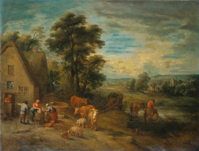 Landschaft mit Bauern und Vieh bei einem Cottage von Theobald Michau