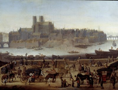 Der Kai und die Brücke von Tournelle in Paris (Detail). Ansicht der Docks und der Insel La Cite. Gemälde zugeschrieben Theodor Matham (1606-1676) 1646 von Theodor (attr. to) Matham