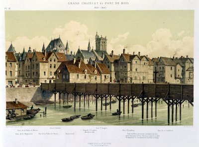 Le grand Châtelet et le pont de bois (1621-1643) - aus „Paris depuis le XIIIème à nos jours“ von Hoffbauer, herausgegeben von Firmin Didot & Cie von Theodor Josef Hubert Hoffbauer