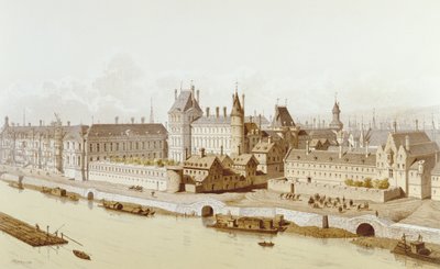 Der Louvre und das Hôtel du Petit-Bourbon im Jahr 1622 während der Herrschaft von Ludwig XIII., 1885 von Theodor Josef Hubert Hoffbauer