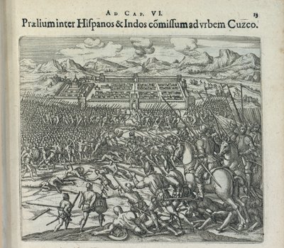 Schlacht zwischen den Spaniern und den Indianern vor den Toren von Cuzco, 1596 von Theodor de Bry