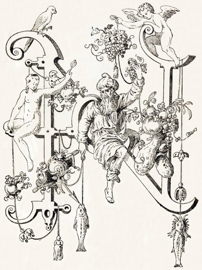 N - Der weise Natham - Alphabet von T. de Bry (neues künstlerisches Alphabet) von Theodor de Bry