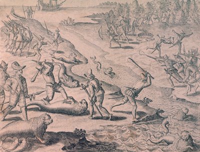 Abschlachten von Seelöwen durch Entdecker von Theodor de Bry