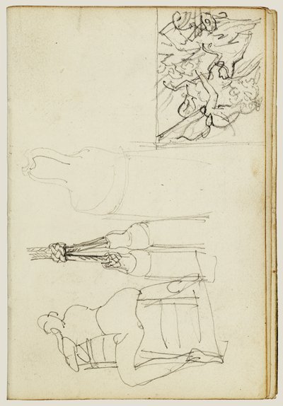 Quasten, sitzende Figur von hinten, Daumenstudie des angreifenden Chasseurs von Theodore Gericault