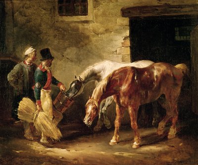 Zwei Postpferde vor einem Stall von Theodore Gericault