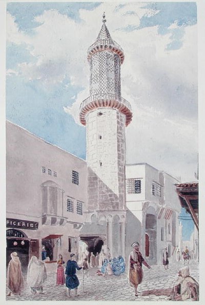 Das Minarett der Moschee in der Rue de Chartres und Rue Bab-Azoun, Algier von Theodore Leblanc