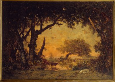 Ausgang des Waldes in Fontainebleau, Sonnenuntergang. Gemälde von Theodore Rousseau (1812-1867) 19. Jahrhundert von Pierre Etienne Theodore Rousseau