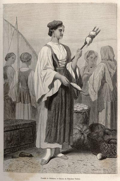 Frau von Sebenico (Serbien), die Spindeln zum Spinnen von Wolle auf dem Marktplatz verwendet. Gravur nach der Zeichnung von Theodore Valerio, zur Illustration einer Geschichte über Dalmatien, von Charles Yriarte, 1874, veröffentlicht in „Le tour du monde“  von Theodore Valerio