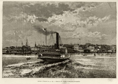 Ankunft in Victoria, Kanada. Gravur von Th.Weber zur Illustration der Geschichte Le Transcanadien et l