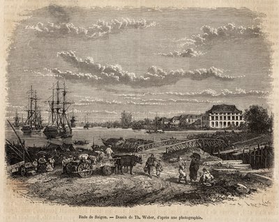 Der Hafen von Saigon, Gravur nach einer Zeichnung von T. Weber, die die Reise nach Cochinchina, von Doktor Morice, im Jahr 1872 illustriert, veröffentlicht in „Le tour du monde“ 1875, herausgegeben von Edouard Charton, Hachette Edition, Paris. Selva Sammlu von Theodore Weber