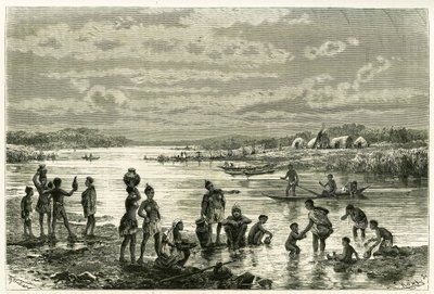 Leben am Ufer des Sambesi-Flusses, die Marutses legen großen Wert auf Sauberkeit und Waschen ist für sie eine Notwendigkeit. Gravur von Th. Weber zur Illustration der Geschichte „Au pays des Marutses“ in den Jahren 1875-1879 von Dr. Emile Holub von Theodore Weber