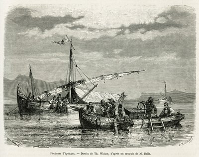 Schwammfischer im Golf von Nafplio, Zeichnung von Th. Weber, um die Geschichte einer Reise nach Griechenland in 1861, 1868 und 1874 von Henri Belle zu illustrieren. Gravur in Le tour du monde von Theodore Weber