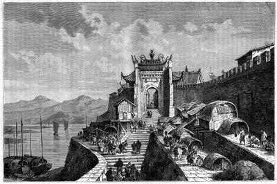 Ansicht des Shanghai-Tors am Huangpu-Fluss, China in den Jahren 1870-1880. Gravur nach einer Zeichnung von Weber, veröffentlicht in „Le Tour du Monde, Nouveau journal des Voyages“, herausgegeben von Edouard Charton, Paris von Theodore Weber