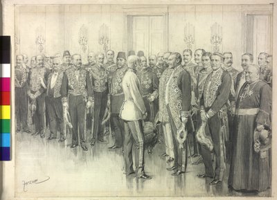 Der Kaiser spricht mit dem deutschen Botschafter Philipp zu Eulenburg-Hertefeld von Theodore Zasche