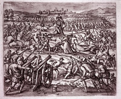 Ein Dominikanermönch, der sich vom Inka-König Atahualpa (Atabaliba) verspottet fühlt, ermutigt Francisco Pizarro zur Rache von Theodore de Bry