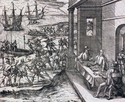 Vereinbarung zwischen Francisco Pizarro, Diego de Almagro und Hernando de Luque zur Erkundung und Ausbeutung Perus von Theodore de Bry
