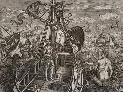 Allegorie der Reise von Christoph Kolumbus zur Entdeckung der Neuen Welt, Gravur von Theodor de Bry von Theodore de Bry