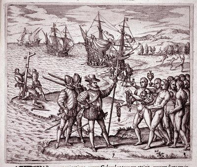 Ankunft von Christoph Kolumbus auf der Insel Hispaniola in den Westindischen Inseln (Gravur) von Theodore de Bry