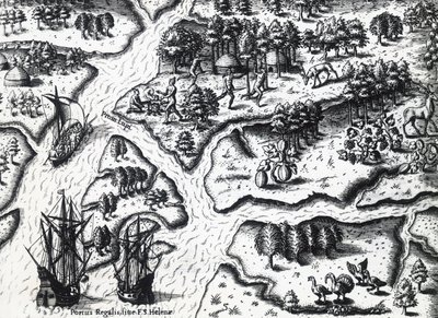 Ankunft der Franzosen in Port Royal im Jahr 1564, von Theodor de Bry (1528-1598) nach einem Gemälde von Jacques le Moyne de Morgues (ca. 1533-vor 1588), Stich von Theodore de Bry