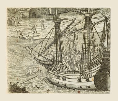 Bartolomeo Diaz hängt einige Indianer an einer Karavelle auf, Stich von Theodor de Bry (1528-1598) aus Americae pars quarta, sive, Insignis et admiranda historia de reperta primum Occidentali India Christophoro Columbo, von Girolamo Benzoni von Theodore de Bry