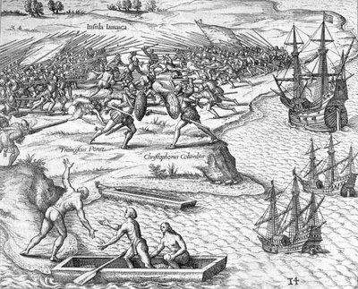 Schlacht in Jamaika zwischen Christoph Kolumbus und Francisco Poraz, 1504 von Theodore de Bry