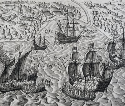 Schlacht vor der Stadt Matical in der Bucht von Bengalen, Stich aus Indiae Orientalis, von Theodor de Bry (1528-1598) von Theodore de Bry