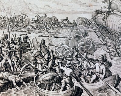 Zusammenstoß zwischen einheimischen Indianern und spanischen Truppen, aus Historia Americae von Theodore de Bry