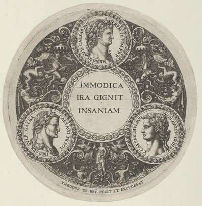 Entwurf für eine Schale mit Porträts der römischen Kaiser Nero, Galba und Caligula, ca. 1588 von Theodore de Bry