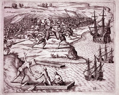 Vierte Reise von Christoph Kolumbus auf die Insel Jamaika im Jahr 1503 (Gravur) von Theodore de Bry