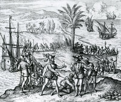 Francisco de Bobadilla kommt als Gouverneur an und verhaftet Christoph Kolumbus (1451-1506) in Hispaniola, 1500, 1590 von Theodore de Bry