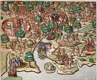 Beschreibung der Belagerungs- und Angriffsmethoden, Indianer kämpfen gegen spanische Armeen. Bericht über die Gefangenschaft von Hans Staden, deutscher Entdecker, der mit den spanischen Flotten nach Brasilien reiste und von den Tupinamba-Indianern gefangen von Theodore de Bry