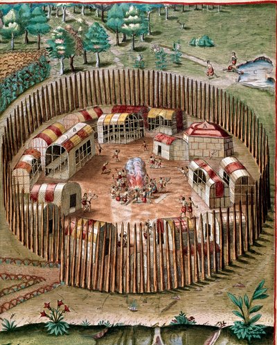 Darstellung der befestigten Stadt Pomeiock oder Pomeiooc in Virginia im Jahr 1585. Gravur aus „Admirante Narratio Americae“ von Theodore de Bry (1528-1598) von Theodore de Bry