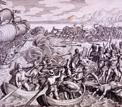 Wie die Spanier auf der Insel Haiti landeten, mit 400 Mann, was zu einer großen Schlacht mit den Einheimischen führte, Illustration aus 