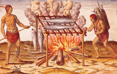 Wie Indianer Fisch kochen, Illustration aus Admiranda Narratio von Theodore De Bry von Theodore de Bry