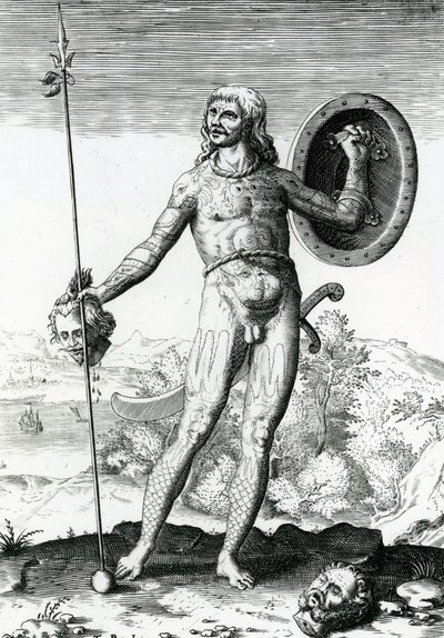 Piktischer Mann, der einen menschlichen Kopf hält von Theodore de Bry