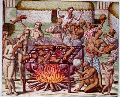 Szene des Kannibalismus in Brasilien. Indianer verzehren ihre Feinde und Gefangenen. Gravur aus „Admiranda Narratio Americae“ von Theodor de Bry von Theodore de Bry