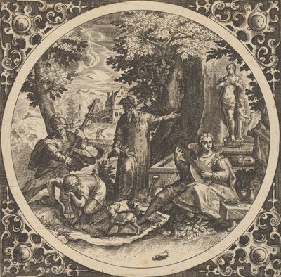 Szene mit einer Warnung vor Geschlechtskrankheiten in einem Kreis in der Mitte, 1580-1600 von Theodore de Bry