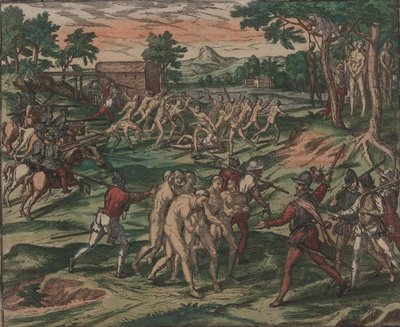 Sklaven versuchen, ihre spanischen Besitzer zu überwältigen, werden aber gefangen genommen und an Bäumen aufgehängt von Theodore de Bry
